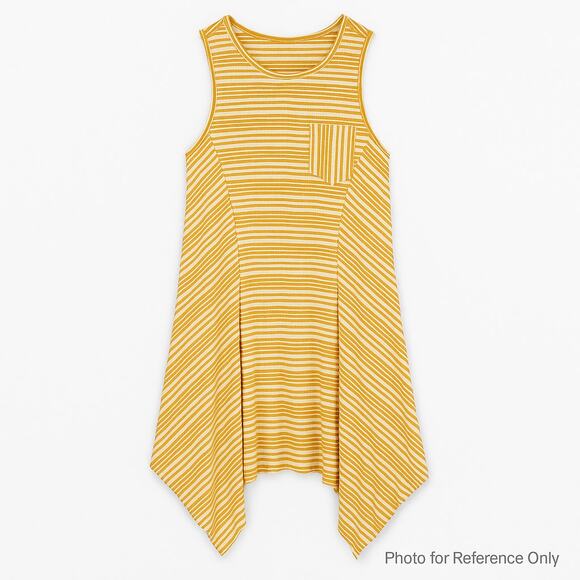 Dee Elle Dresses & Skirts - Dee Elle Yellow White Striped Dress Sleeveless Women’s M Handkerchief Hem Casual